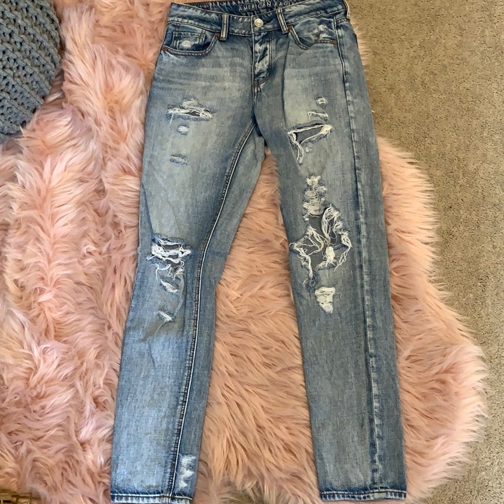 Light wash jeans.